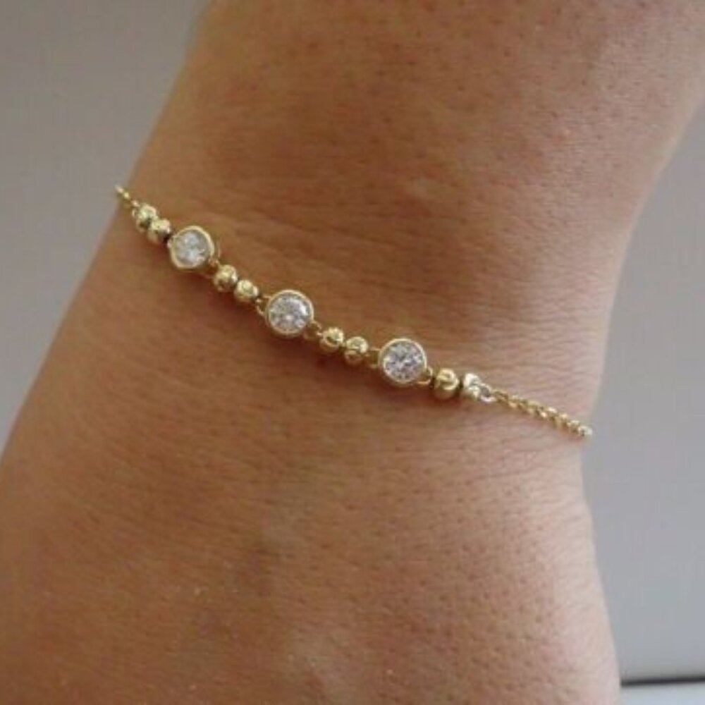 3 STONE LINK BRACELET 14K YELLOW GOLD OVER 925 STERLING SILVER W/ LAB DIAMONDS